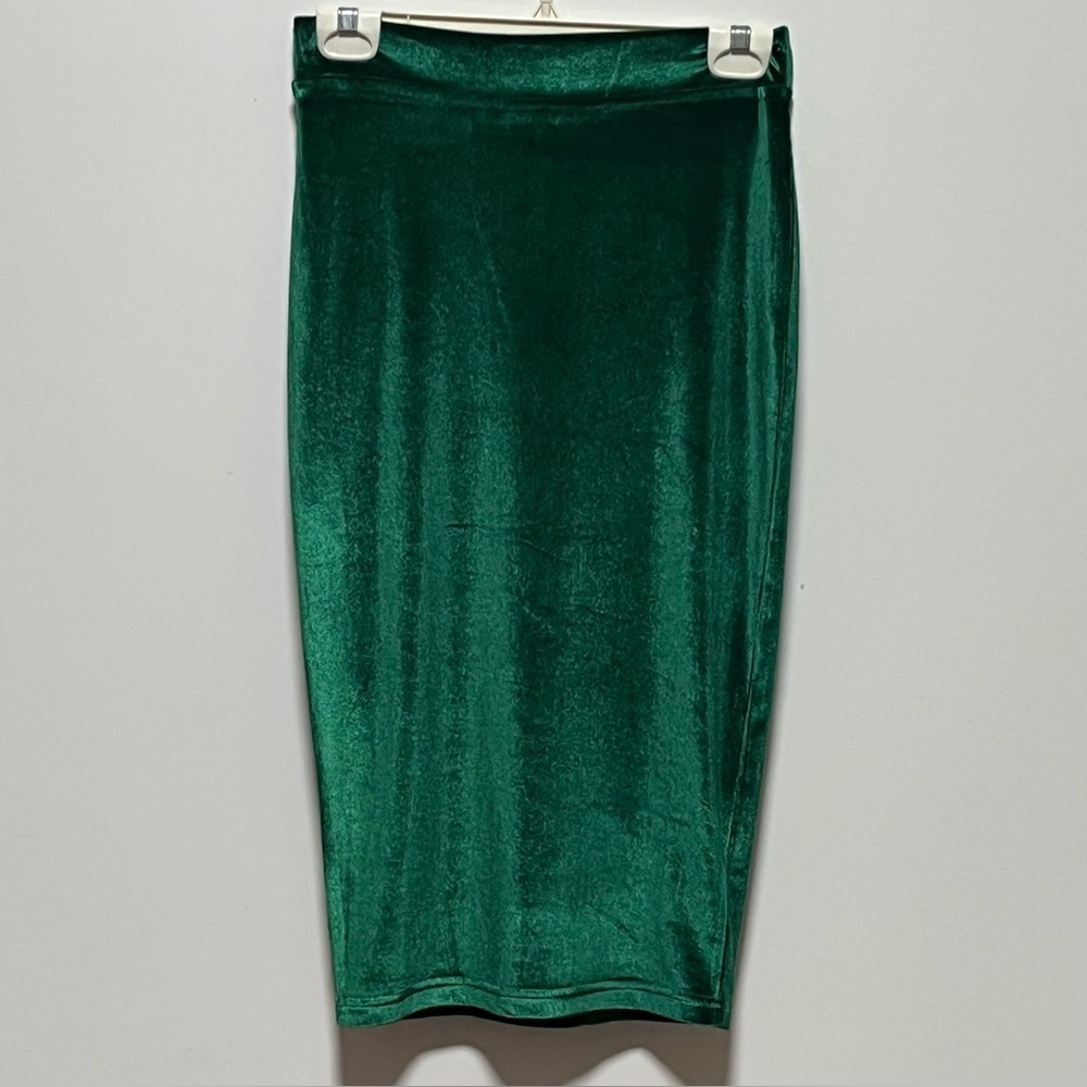 LULU’S Emerald GREEN VELVET stretch elastic waist sleek sexy midi pencil SKIRT - Picture 4 of 9